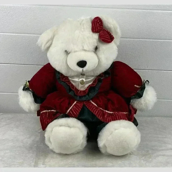 🎁4/$25 ~ Vintage Plush White Bear With‎ Red/green Satin Dress - Picture 1 of 10